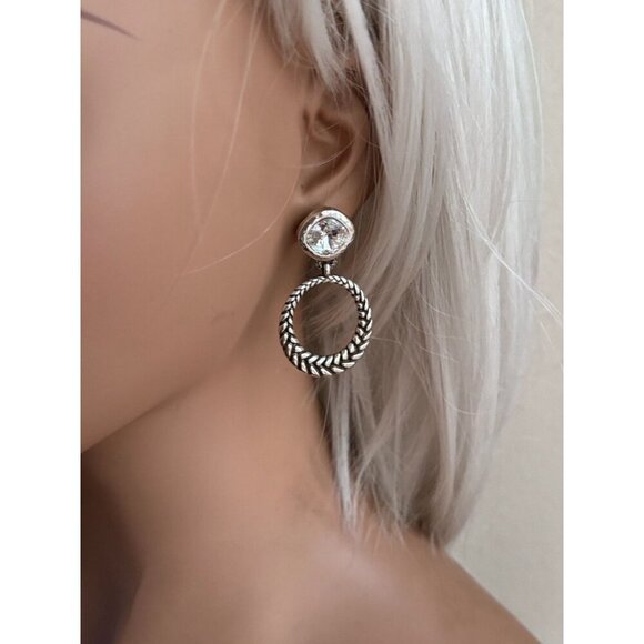 Vintage Brighton Braided Hoop Crystal Pierced Earrings RETIRED - Picture 2 of 4